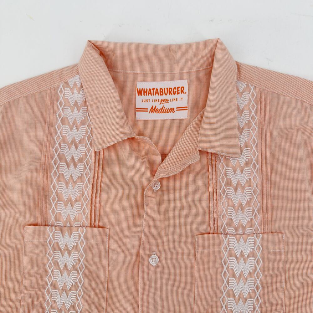 Whataburger Embroidered Guayabera Short Sleeve Shirt Mens Medium Orange Check - Picture 5 of 9